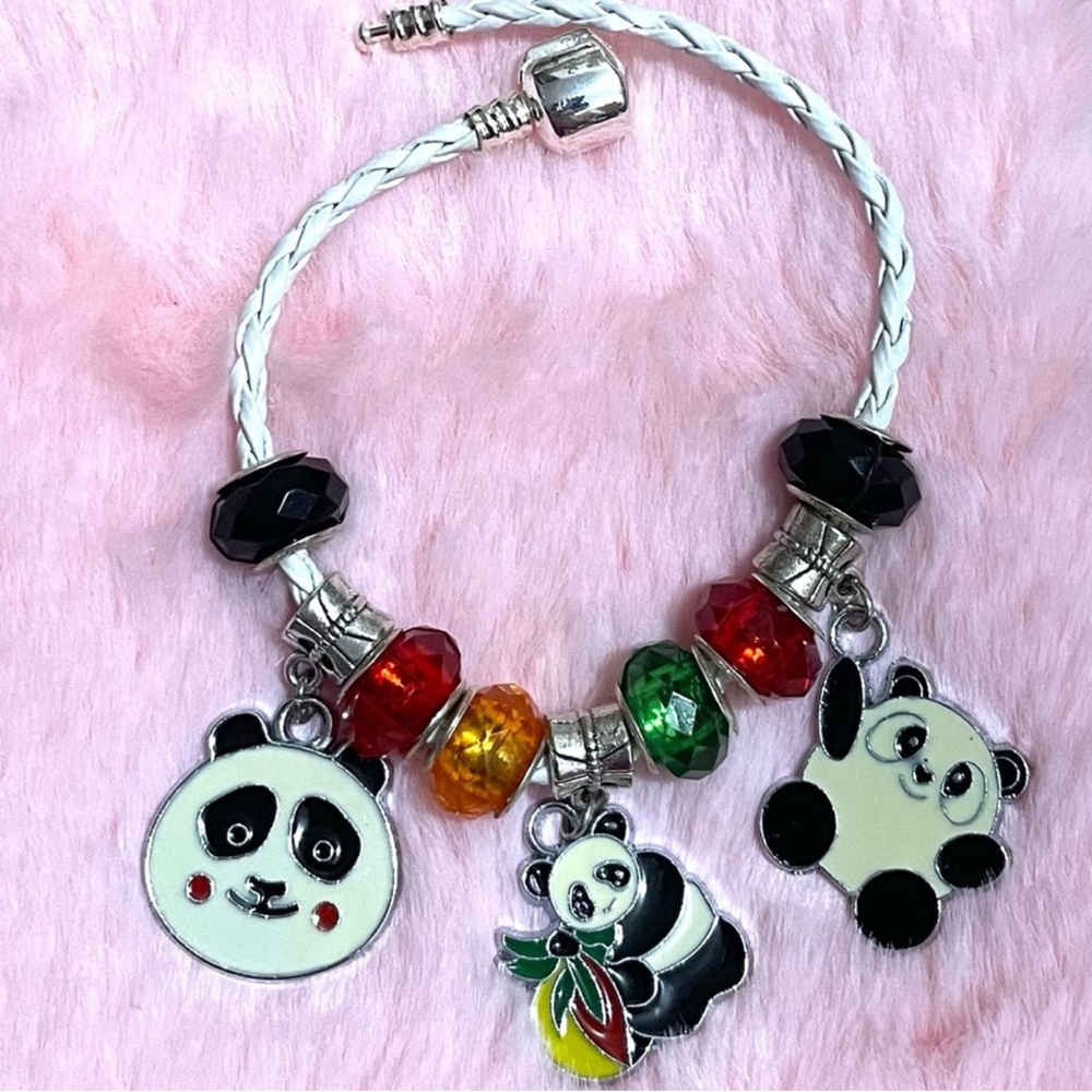 Panda Charm Robe Bracelet with White, Black, Red, Green Beads